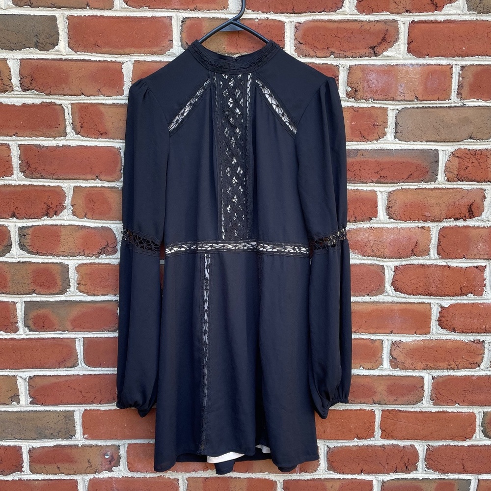 Express Black and Tan Lace High Neck Long Sleeve Dress